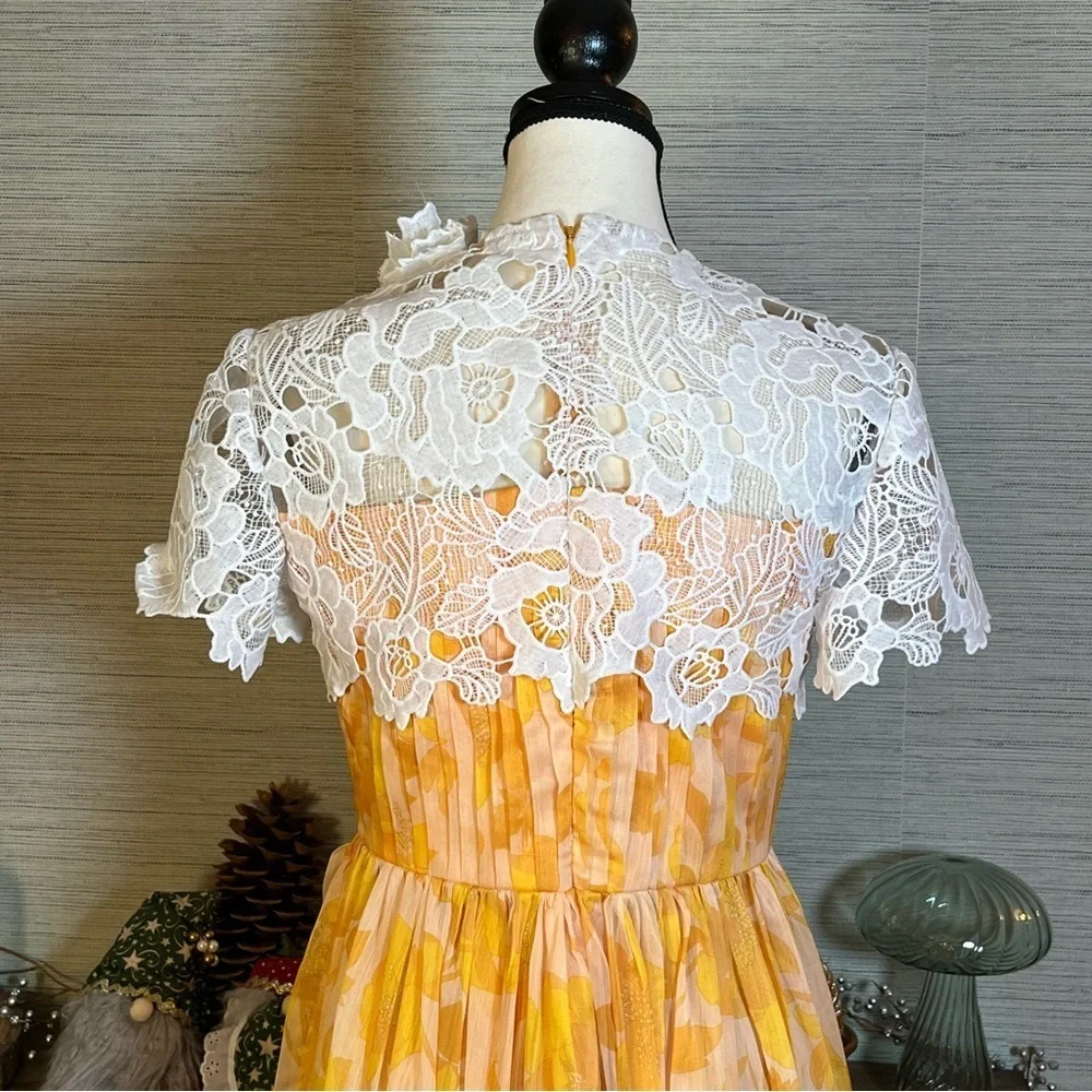 Vintage Yellow Floral Maxi Dress Lace Top Womens Size Small Prairie Retro Whimsy